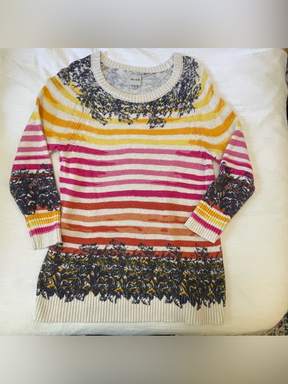 NIC+ZOE Striped Multicolor Crewneck Sweater - Pink, Yellow, Orange